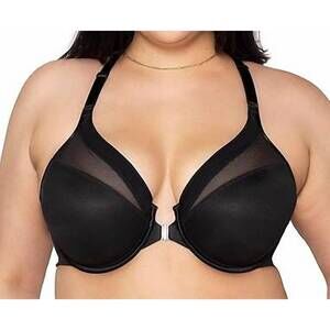 NEW CURVY COUTURE sheer mesh front close racerback t-shirt bra in black hue